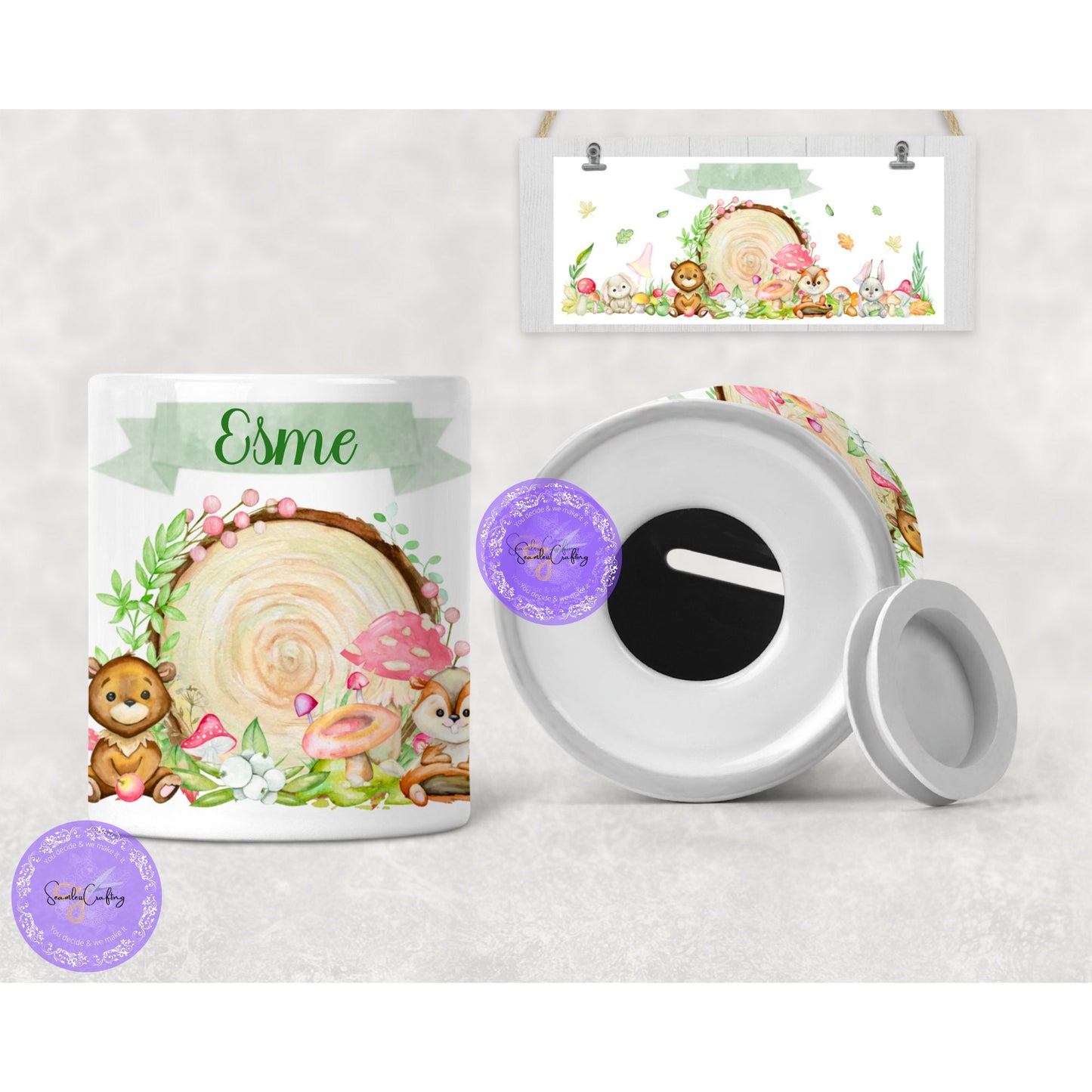 Personalised Pink Animal Forest Money box for girls & boys, Piggy Bank for kids with names, Money Tin, Saving Jar coins, Nursing Decor