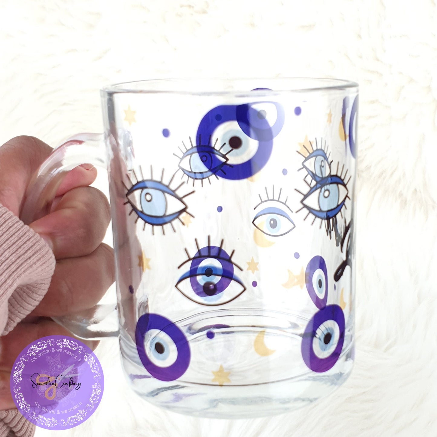 Personalised All-Seeing Eye Cup. Turkish Eye Protection, Spiritual Glass Cup Gift, Clear Glass mug Evil Eye Style, Nazar, Hot drinks