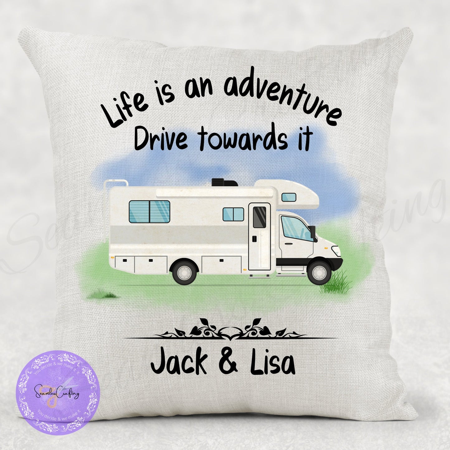 Personalised Motorhome Linen Cushion, add any text name, Campervan owners gifts, camping Pillow, Outdoor lovers present, First RV gift