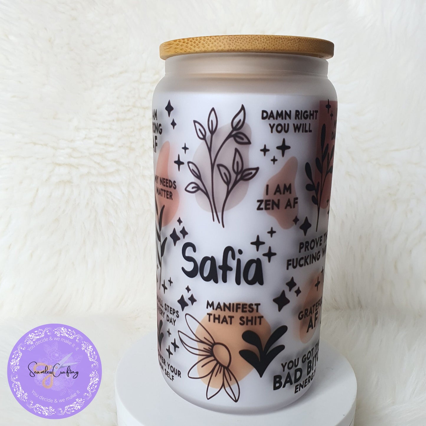 Personalised Sweary Daily Reminders Glass mug Cup, Mental Health Awareness, Positive affirmation self-love beer can Vulgar addition