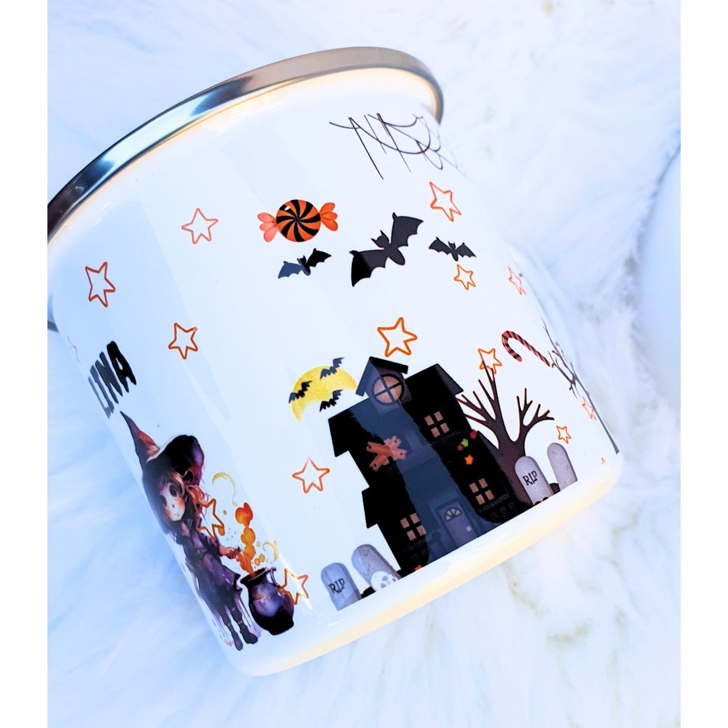 Personalied Halloween kids enamel mug, trick or treat cup, 12 0z unbreakable cup, Spooky kids, Party favour spooky kids, Dracula boy & Witch