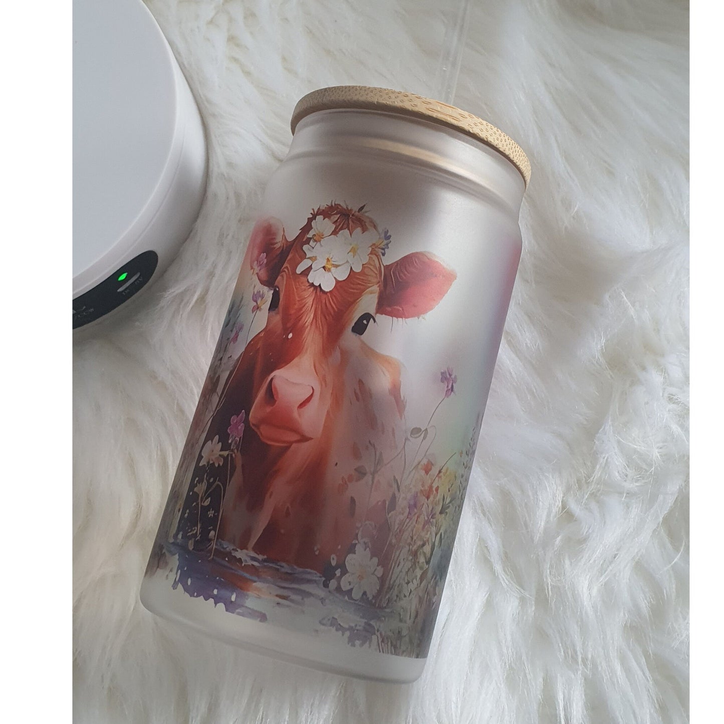 Personalised Glass Cup Floral Rainbow Cow, Iced Coffee Glass Cup, Glass Beer Can Bambo Lid & Plastic Straw, Gift For Cow Lover, Gift For Her