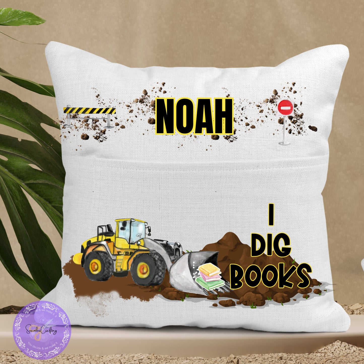Personalised Digger Truck Pocket Reading Book Cushion, I Dig Books cushion gifts, Construction Tractor Bedroom Decor, Unique Cushion Gift