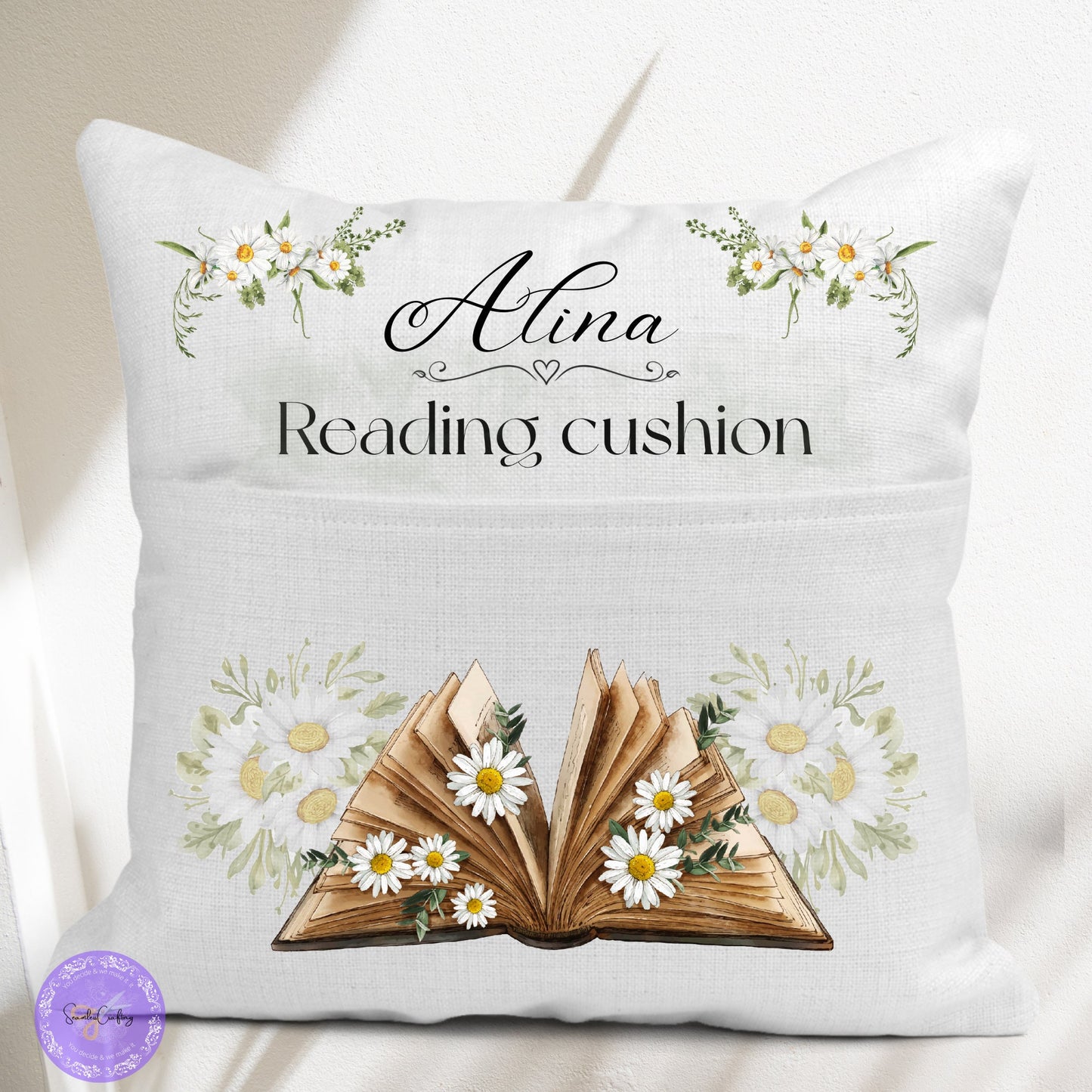 Personalised Pocket Reading Book Cushion, Sunflower book design gift, Booklover pillow Bedroom Decor, Unique Cushion Gift, Housewarming gift