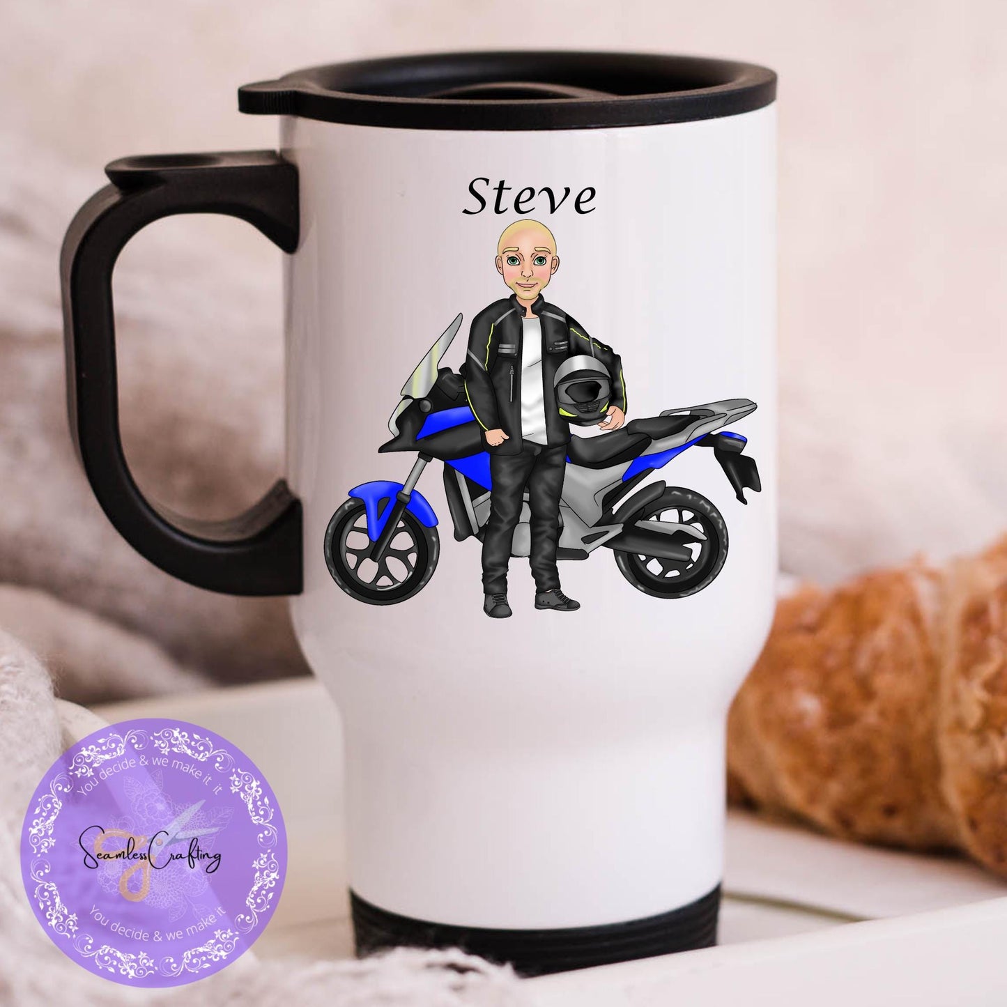 Personalised motorbike male characters mug travel mug, biker cup, Custom build character, add any name, Gift for him motorcycle rider gifts