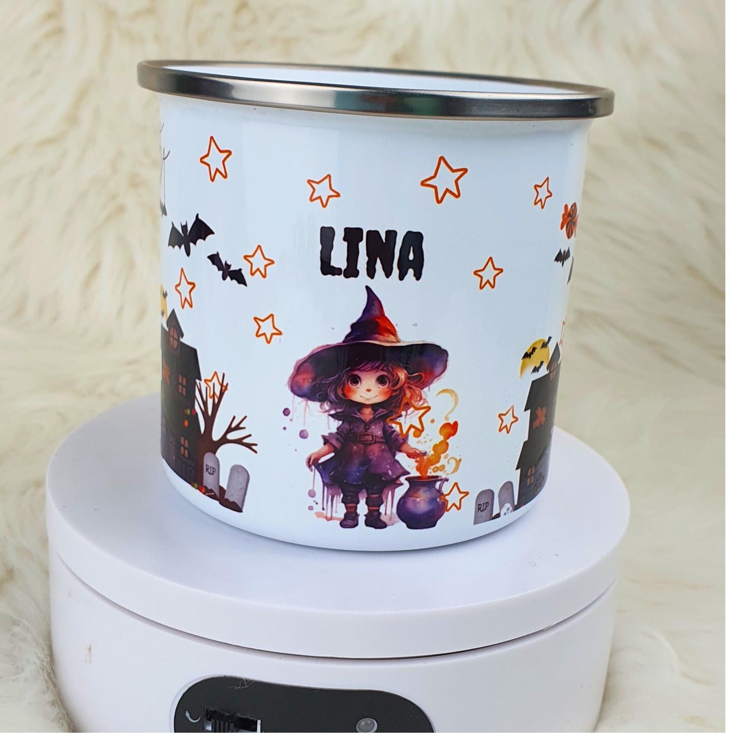 Personalied Halloween kids enamel mug, trick or treat cup, 12 0z unbreakable cup, Spooky kids, Party favour spooky kids, Dracula boy & Witch