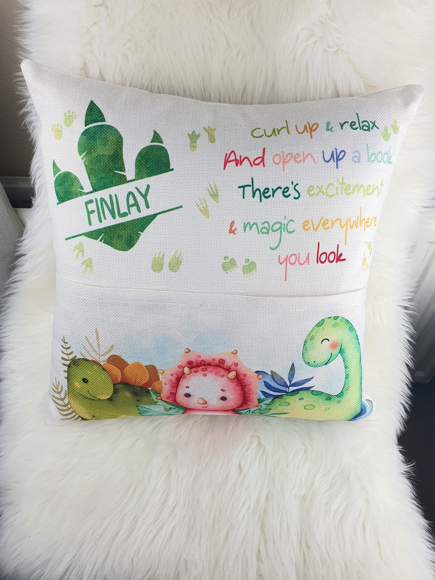 Personalised Dinosaur Pocket Reading Pillow, Customised name Curl up & Relax Cushion,Nursery Gift Pillow, Birthday Gift, First reading gift