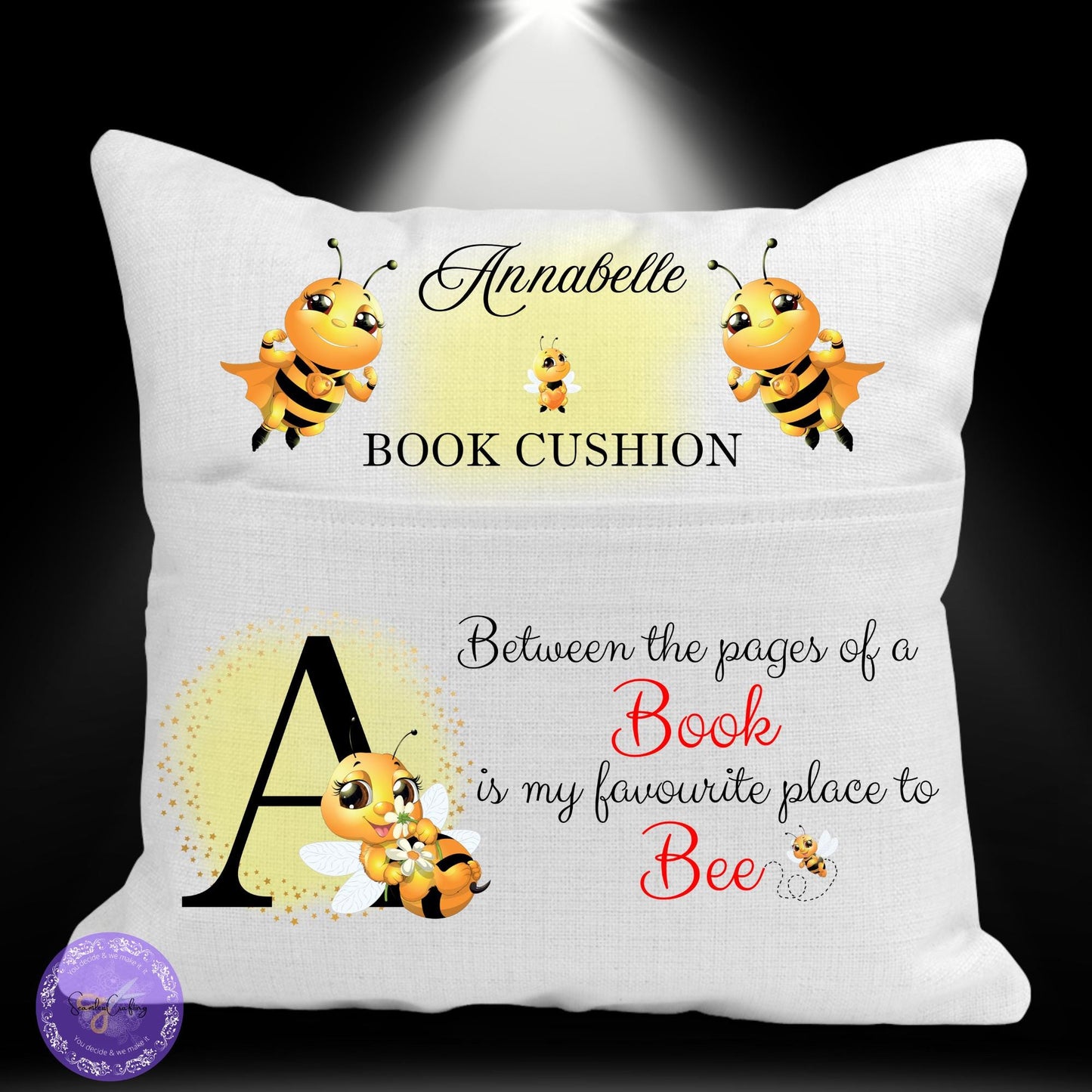 Personalised Bee Reading Cushion, Storytime Pillow, Reading Pocket cushion, Bedroom nursery decor, Booklover gifts, Canvas Linen Cushion