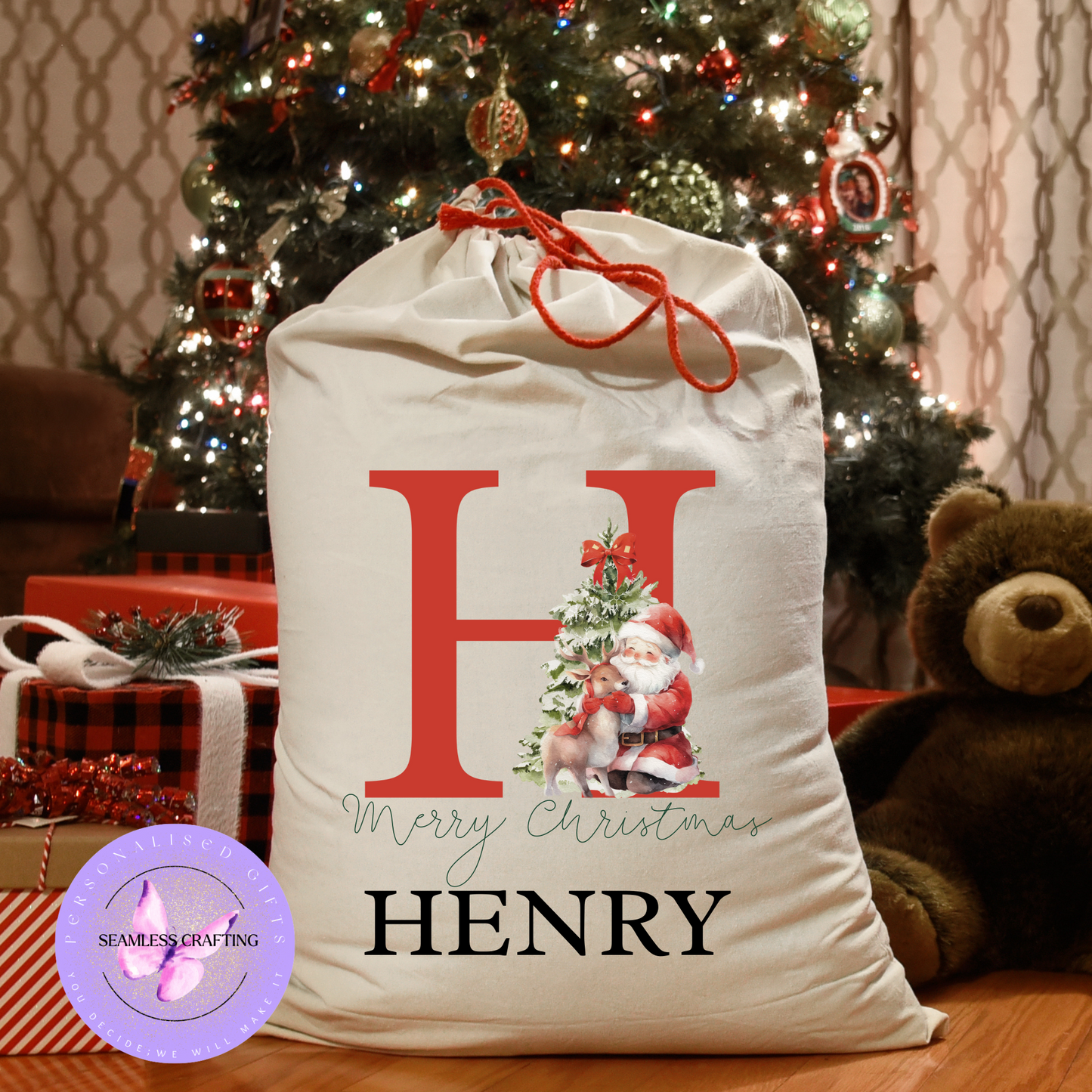 Personalised Alphabet Christmas Santa Sack – Custom Name Linen Gift Bag with Santa Design | Large & Small Sizes