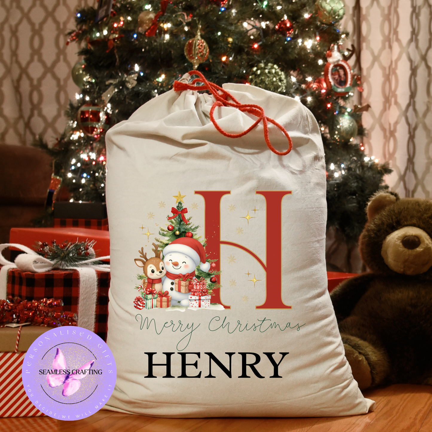 ersonalised Snowman Alphabet Christmas Santa Sack – Custom Name Linen Gift Bag | Large & Small Sizes