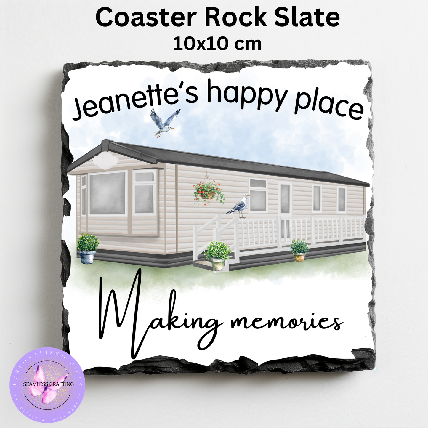 Personalised Static Caravan Coaster – Holiday Home Gift | Rock Slate or Glossy Finish | Custom Text | Caravan Lovers Gift