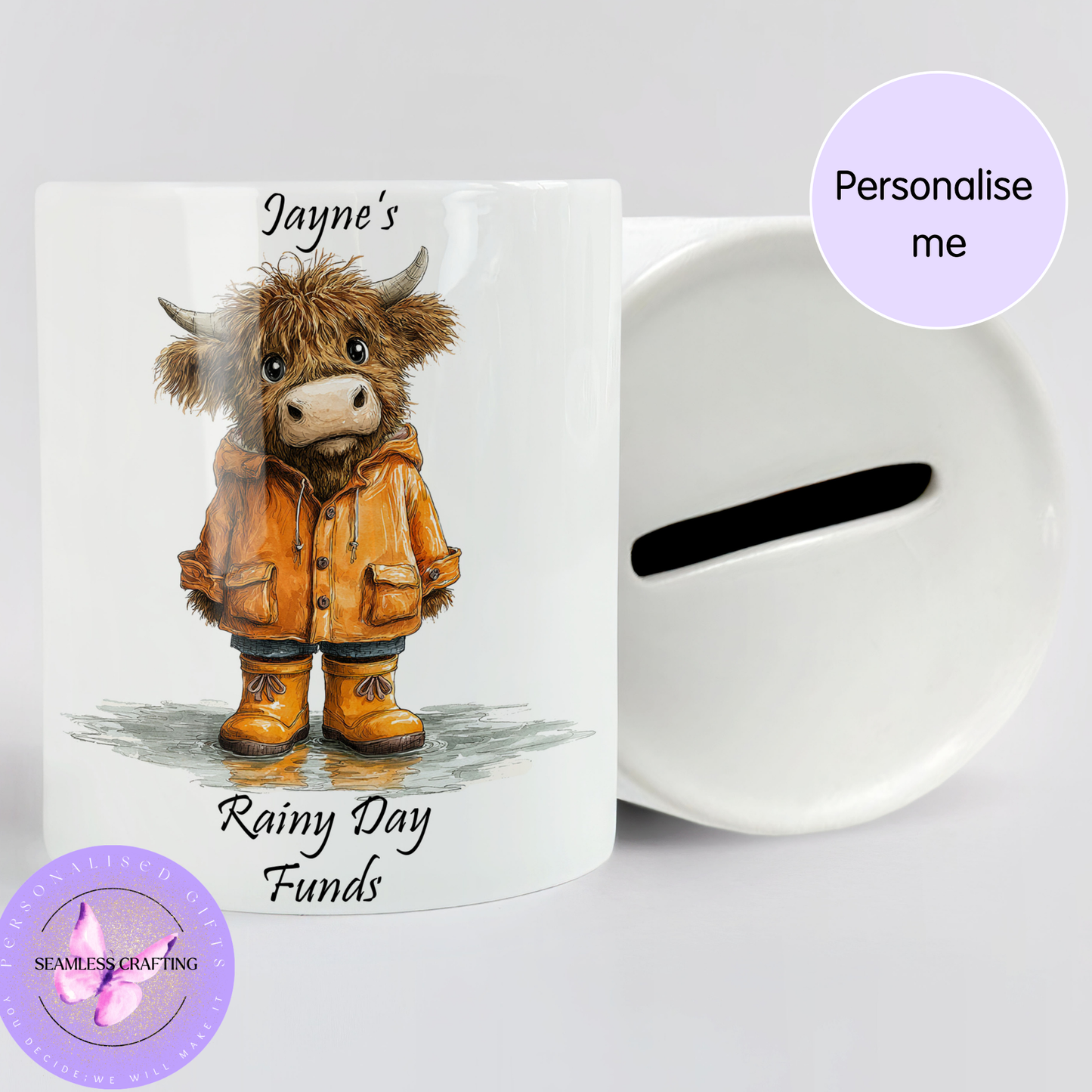 Personalised Highland Cow Money Box – Emergency Fund Ceramic Savings Pot