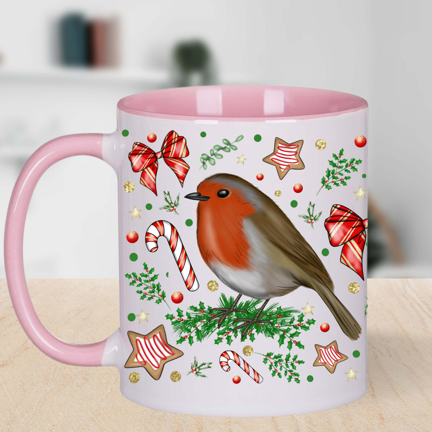 Christmas Robin Mug – 11oz Ceramic Cup – Festive Holiday Coffee Mug with Candy Canes and Bows – Winter Gift