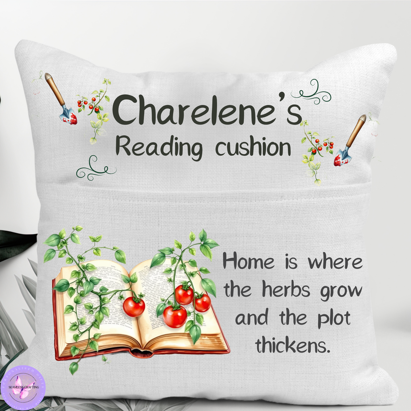 Personalised Book & Plant Lover Cushion – 40x40cm with Hidden Zip & Pocket – “Home Is Where The Herbs Grow & The Plot Thickens” – Gift for Readers & Gardeners