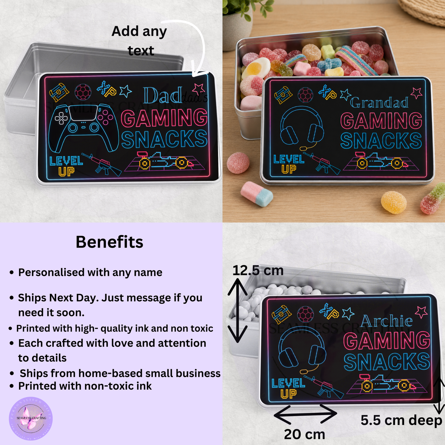 Personalised Gaming Snacks Tin – Custom Gamer Sweet Tin Box, Gaming Gift for Boys, Dad, Grandad, Teen Gamer Storage Tin