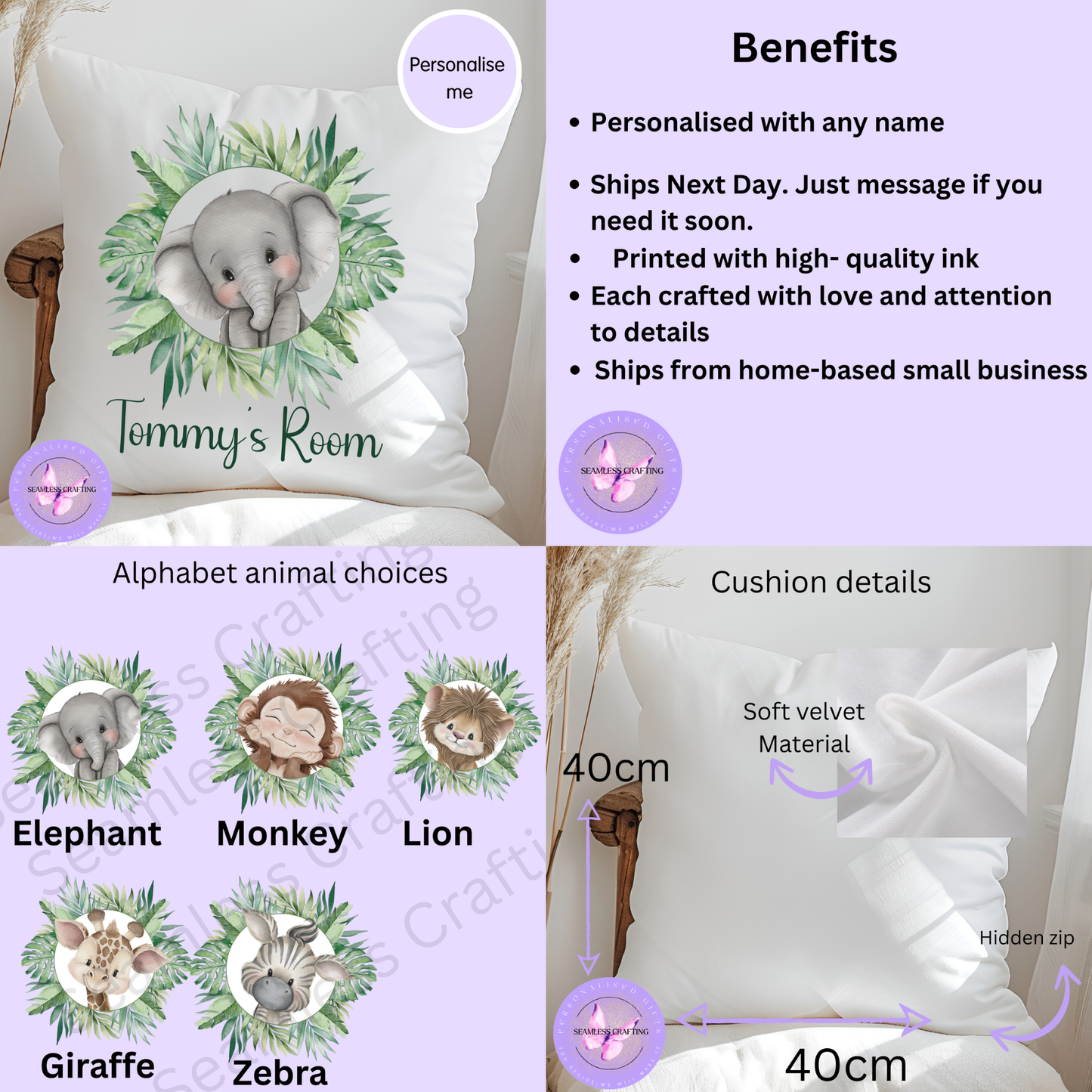 Personalised Jungle Animal Cushion – Custom Name Nursery Pillow – Elephant, Lion, Monkey – Kids Bedroom Decor 40×40cm