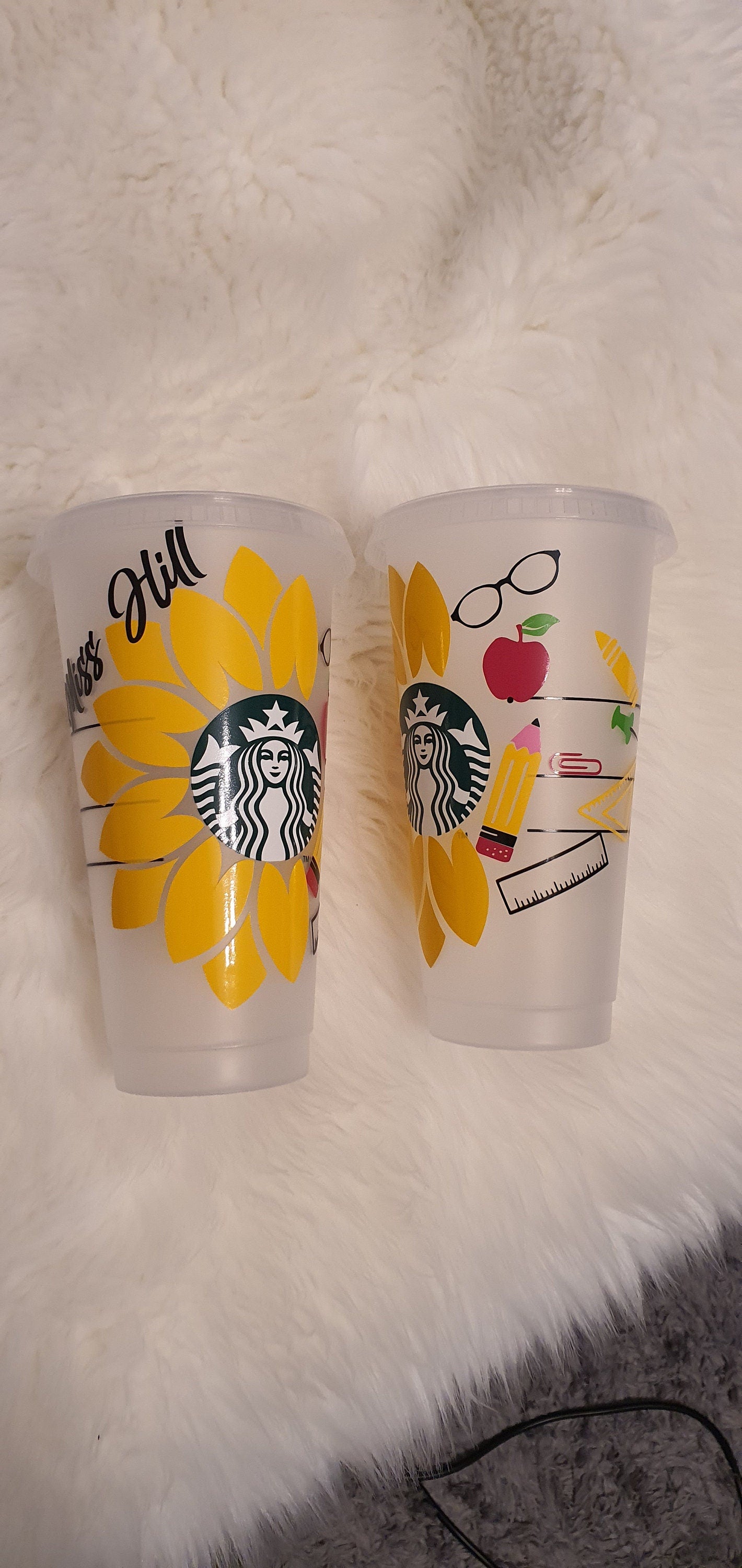 Personalised Starbucks Sunflower Cup, Teacher Pencil Apple Cup, Large Cold Cup 24 0z Cup size, Starbuck Cup with name, Reusable Gift Cup