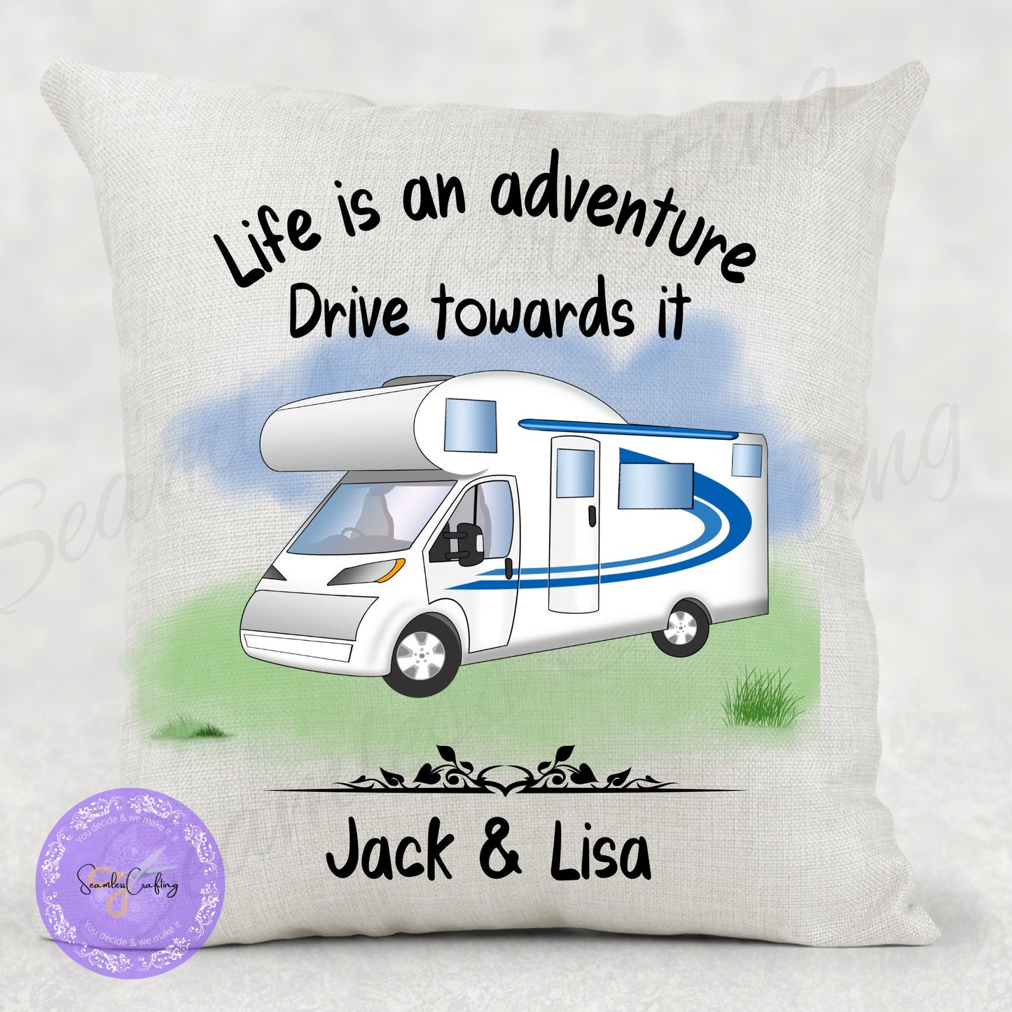 Personalised Motorhome Linen Cushion, add any text name, Campervan owners gifts, camping Pillow, Outdoor lovers present, First RV gift