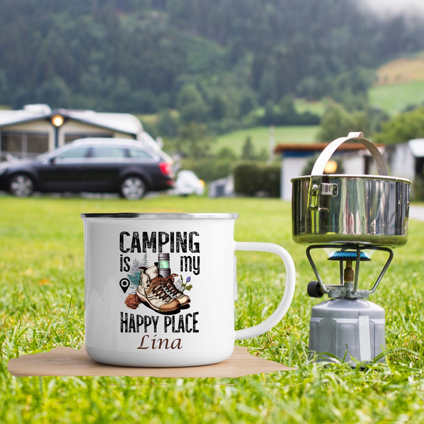 Personalised Camping Enamel Mug, Metal mug, Retirement Gift Mug, Outside Enamel Mug, Outdoor festival, Tin Mug, Custom Camper Mug, Camper