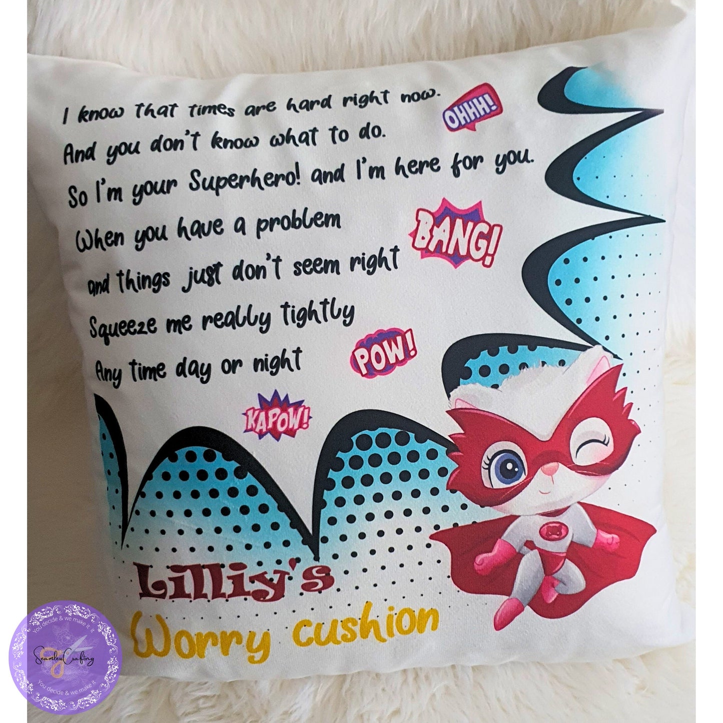 Personalised kids Superhero Cushion, Worry Comforter Soft pillow, Gift bedroom boys and girls, I know times are hard, Bad Dreams Comforter