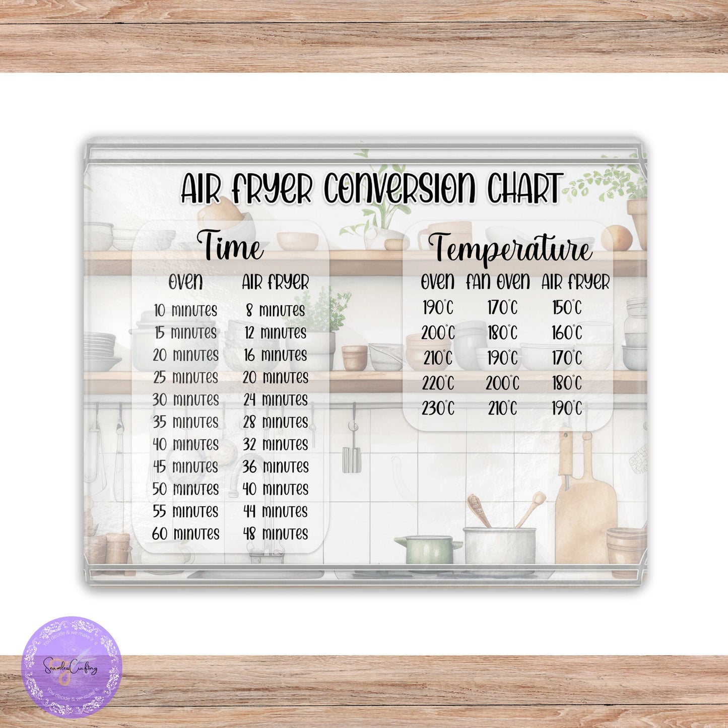 Personalised Glass Air Fryer Conversion Chart, Cooking lover gift, Tampered Glass, Baker, Chef cooking Aid, Customised Board, Birthday Gift