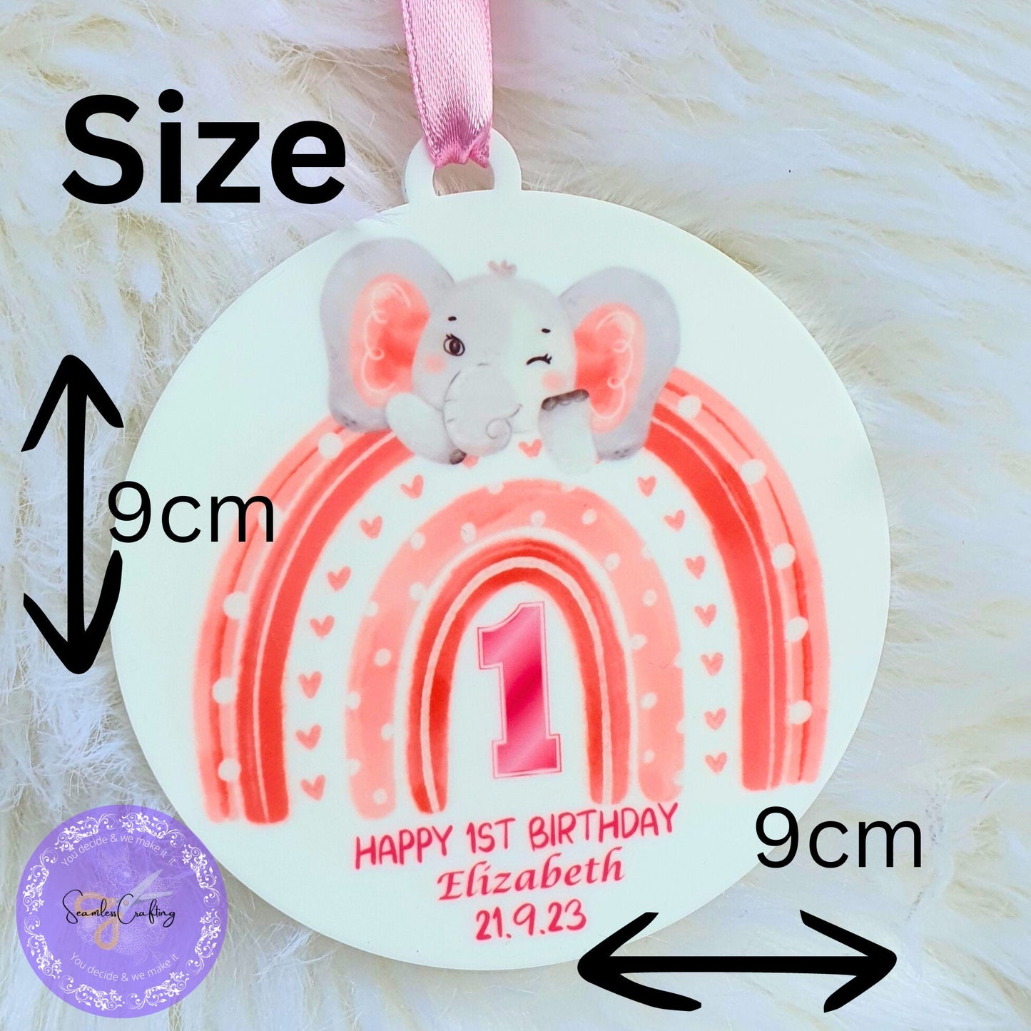 Personalised 1st Birthday plaque, Cute elephant birthday ornament, Keepsake plaque for boy or girl, Acrylic birthday ornament gift with bag