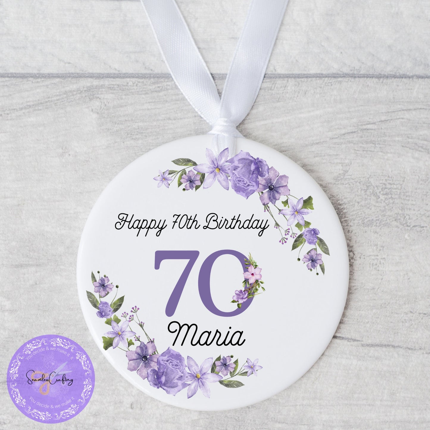 Personalised Milestone Birthday Hanging Acrylic ornament & Mug, Any age Purple flowers Plague, Gift For Her, 18th, 50th Birthday Keepsake