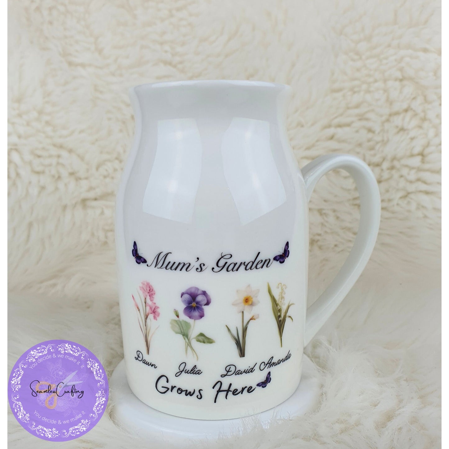Personalised Mum's Nana's garden grows here, Ceramic Jug, Flower vase, Custom Floral names,