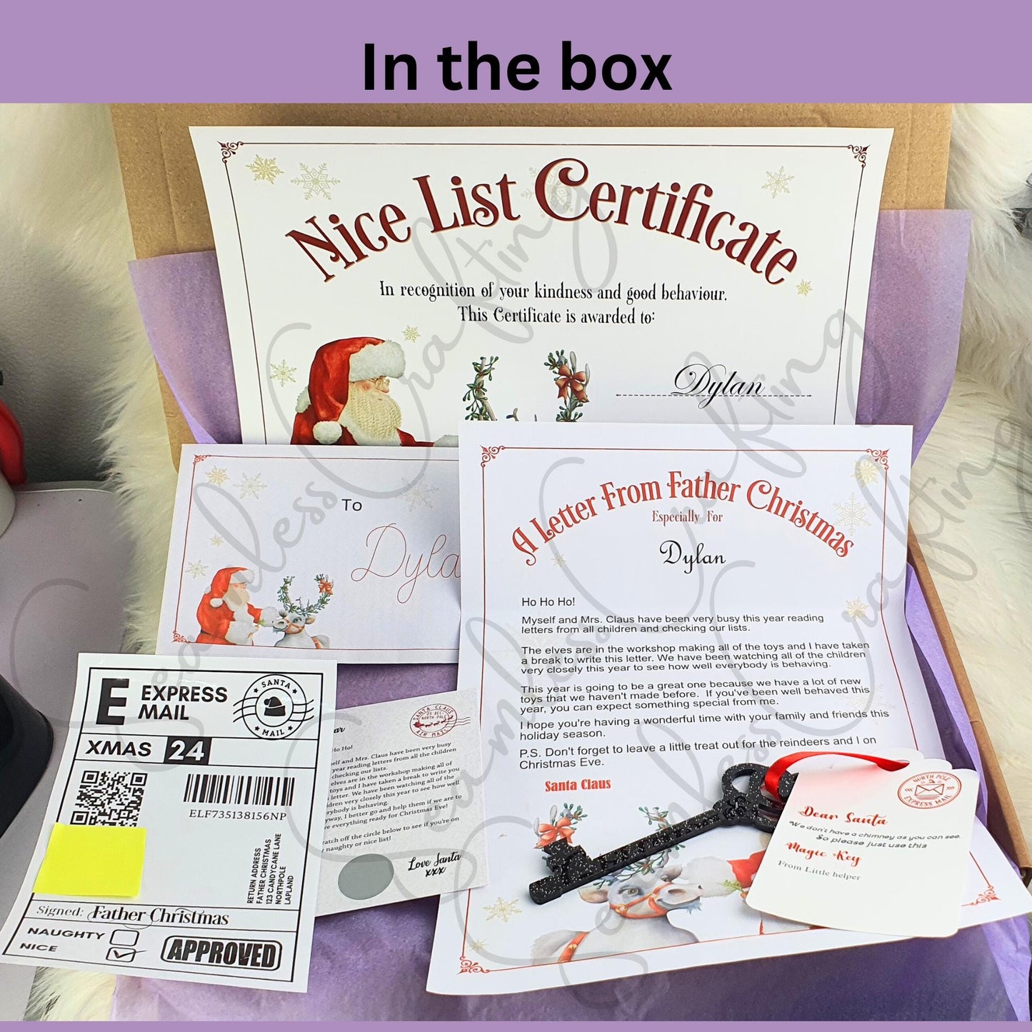Personalised Santa nice list certificates, Scratch & reveal card letter from Father Christmas, Sant Key, Santa Shipping label QR code Bundle