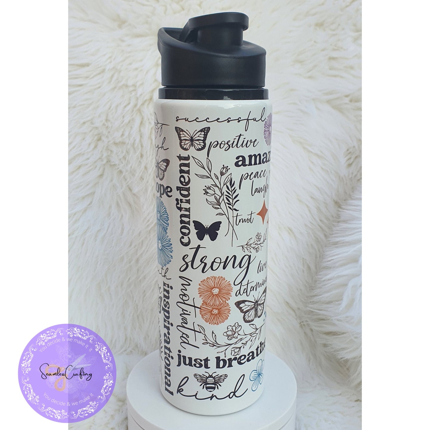Personalised aluminium inspirational colourful butterfly flowers water bottle, Positive affirmation mental health awareness bottle.