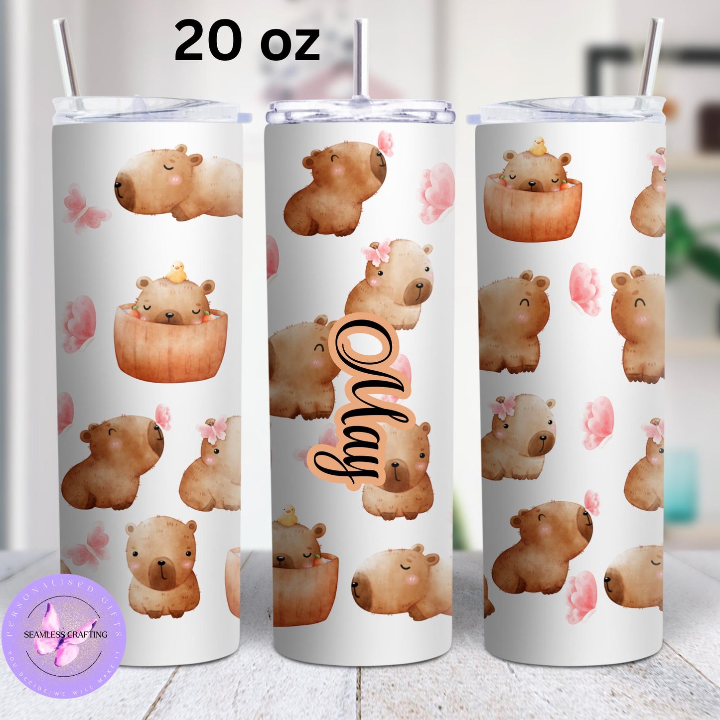 Personalised Capybara Water Bottle or Tumbler – Custom Name Chibi Animal Drinkware – 15oz / 20oz Stainless Steel or 600ml Bottle – Cute Gift for Capybara Lovers