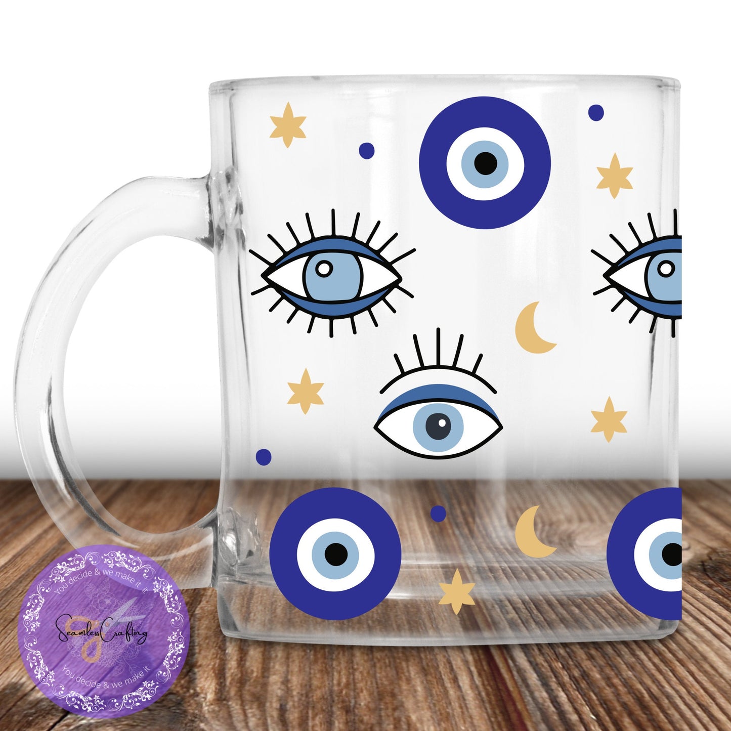 Personalised All-Seeing Eye Cup. Turkish Eye Protection, Spiritual Glass Cup Gift, Clear Glass mug Evil Eye Style, Nazar, Hot drinks