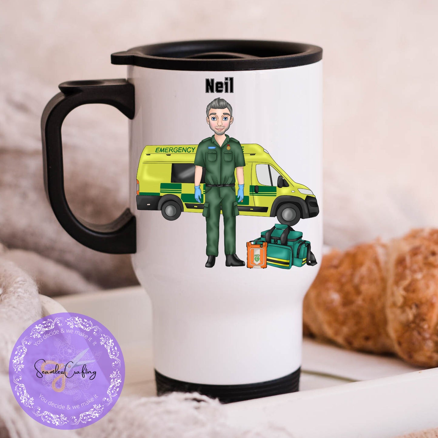 Personalised Paramedic male Character Travel mug gift, First Responder Ambulance Gift for him, Thank you Gift, Paramedic Technician uniform