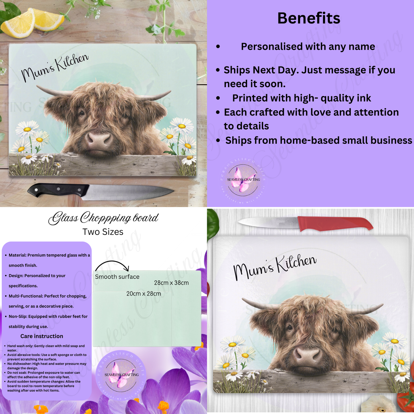 Farmhouse cow chopping board glass heat resistant kitchen accessory