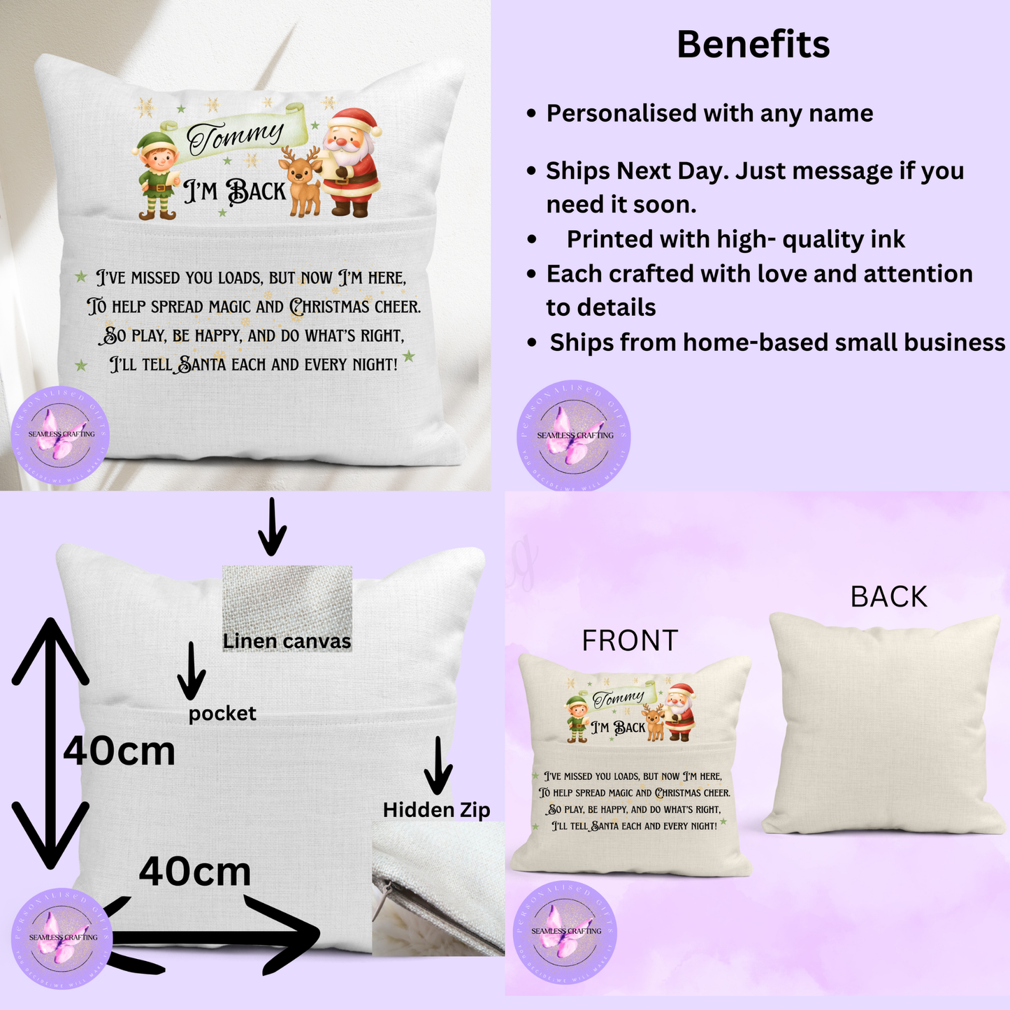 Personalised “I’m Back” Christmas Elf Cushion – Custom Name Kids Cushion | Santa & Elf Return Pillow | Linen Canvas Cushion Cover 40x40cm