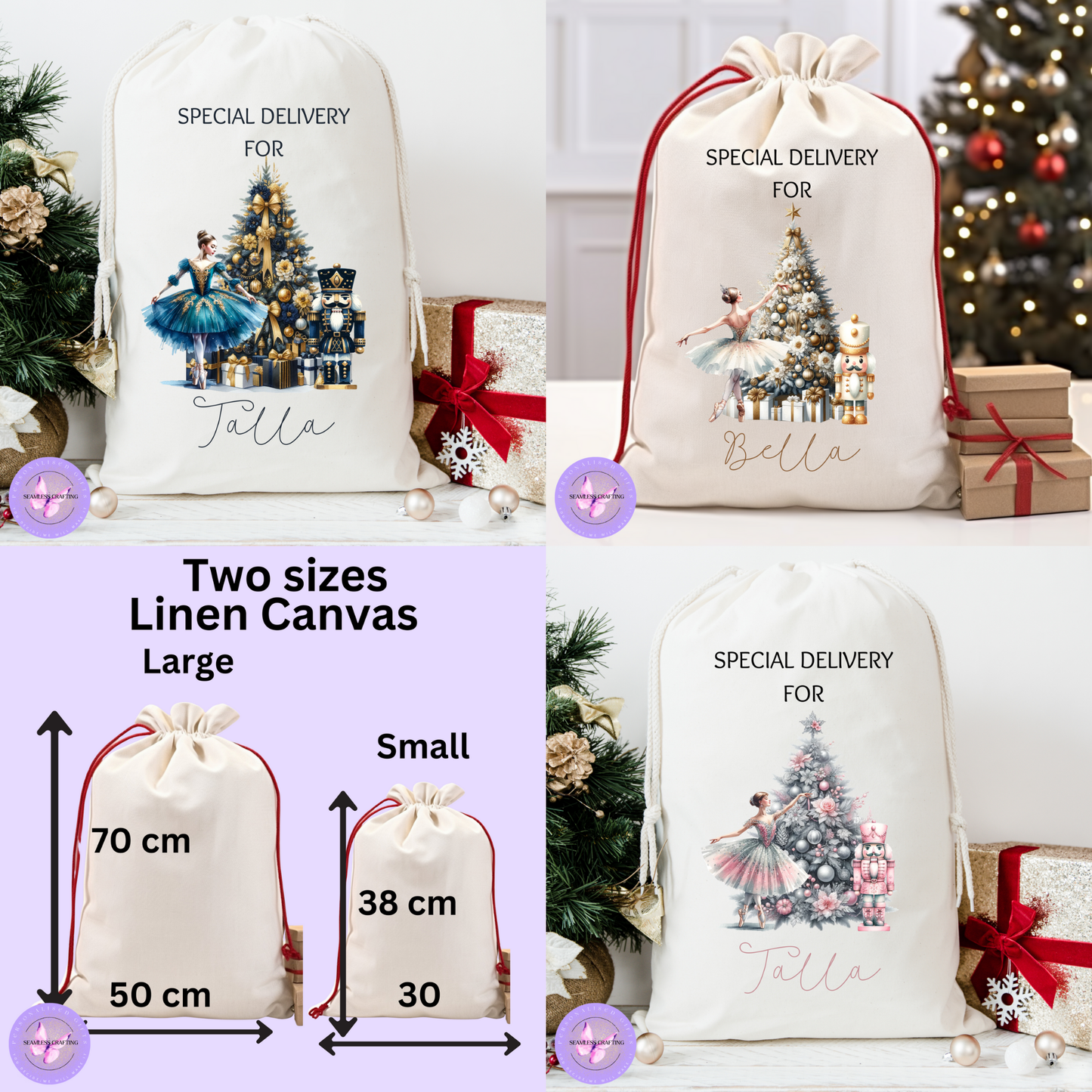 Personalised Christmas Santa Sack – Nutcracker Ballet Gift Bag | 3 Designs in Blue, Gold, Pink | Large & Small Sizes
