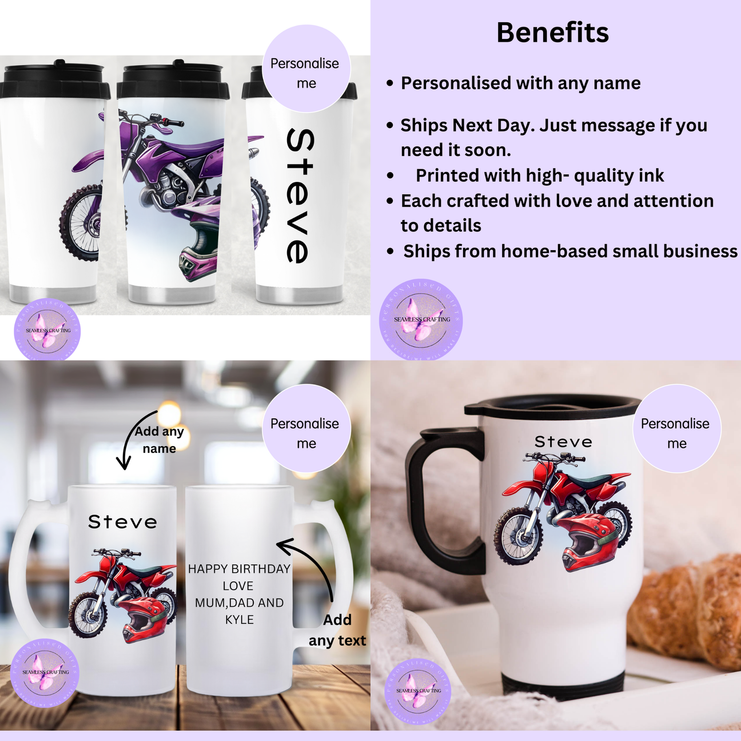 Personalised Dirt Bike Mug & Travel Mug – Custom Motocross Gift – 11oz Ceramic, 14oz Travel Mug, 16oz Thermal Tumbler or Frosted Tankard