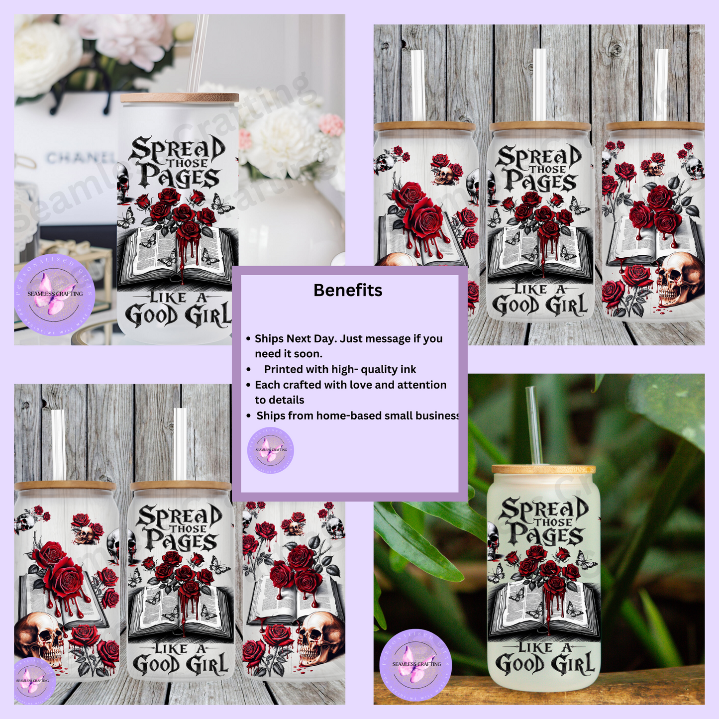 Spread Those Pages Like a Good Girl 16oz Frosted Glass Tumbler with Bamboo Lid & Glass Straw – Gothic Dark Academia Book Lover Gift