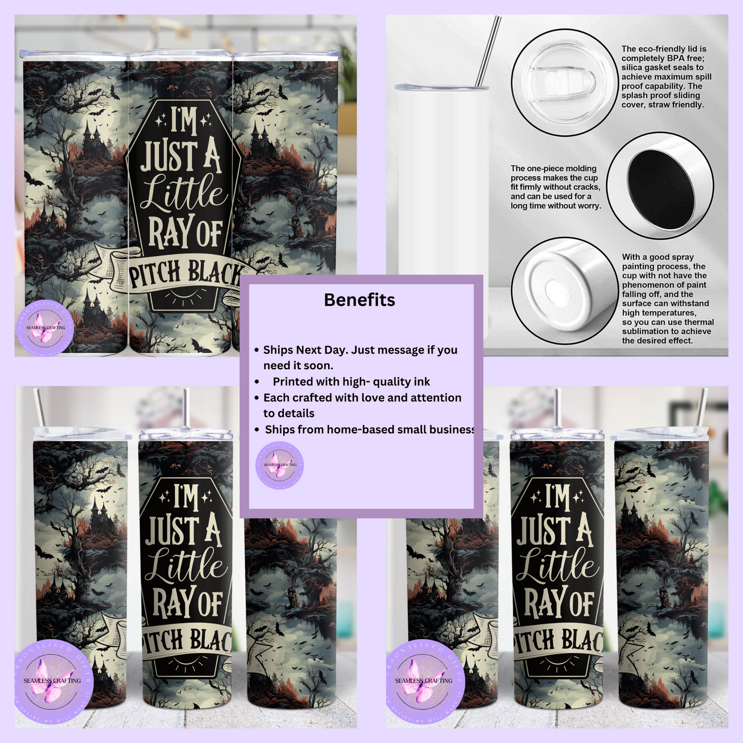 I'm Just a Little Ray of Pitch Black 20oz Stainless Steel Tumbler – Gothic Halloween Travel Cup with Straw & Lid