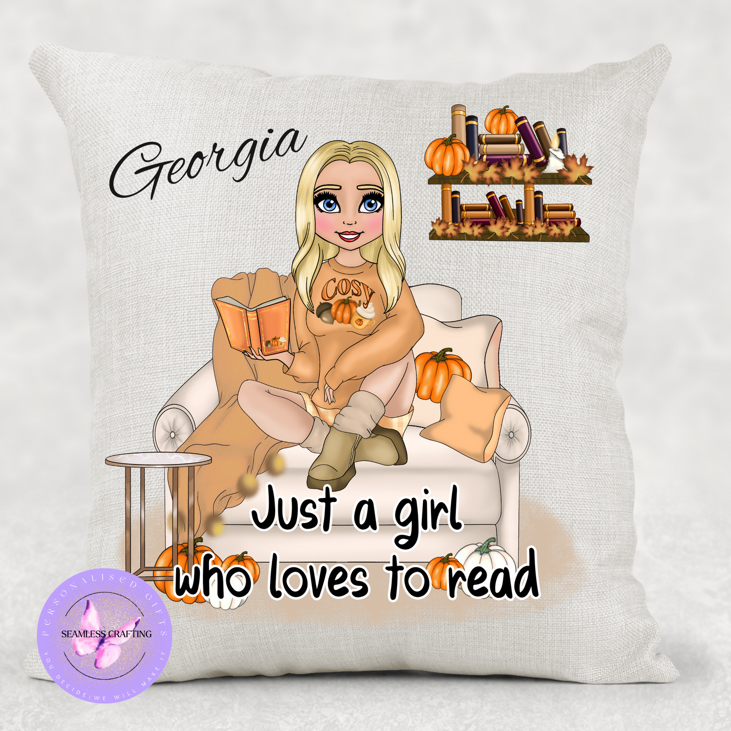Personalised Autumn Reading Cushion – Custom Name Cosy Girl Pillow – Design Your Own Character (Hair, Skin Tone, Eye Colour) – Fall Home Décor Gift