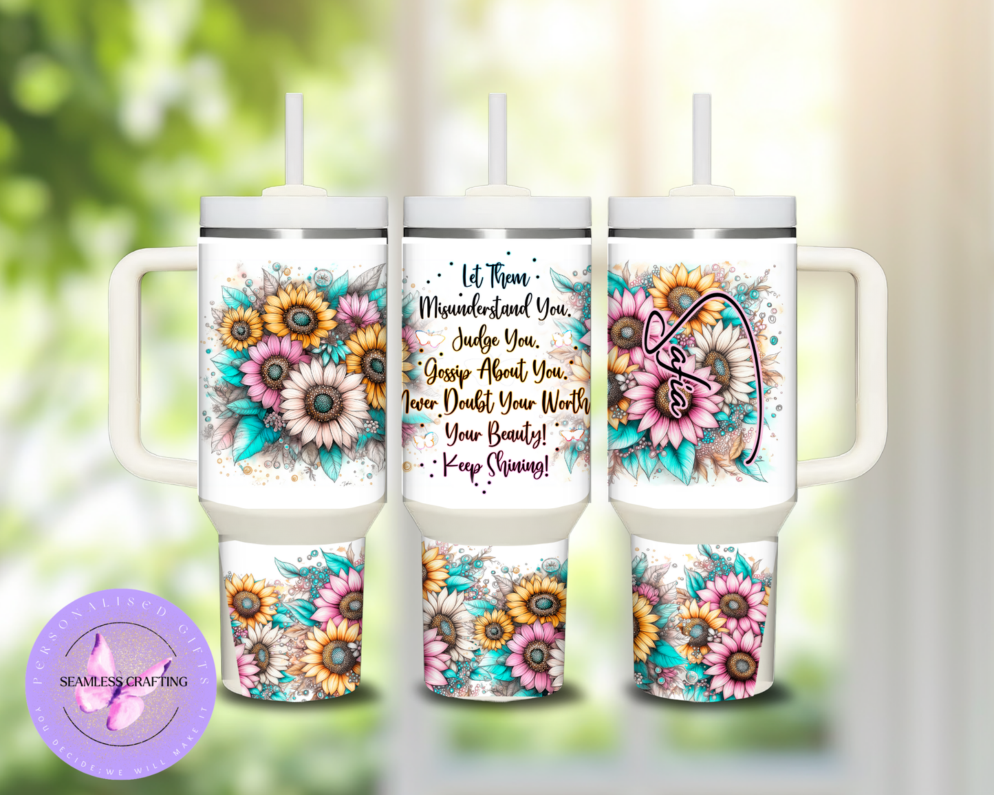 Personalised 40oz Sunflower Positivity Tumbler with Name – Inspirational Quote Mug with Handle & Straw
