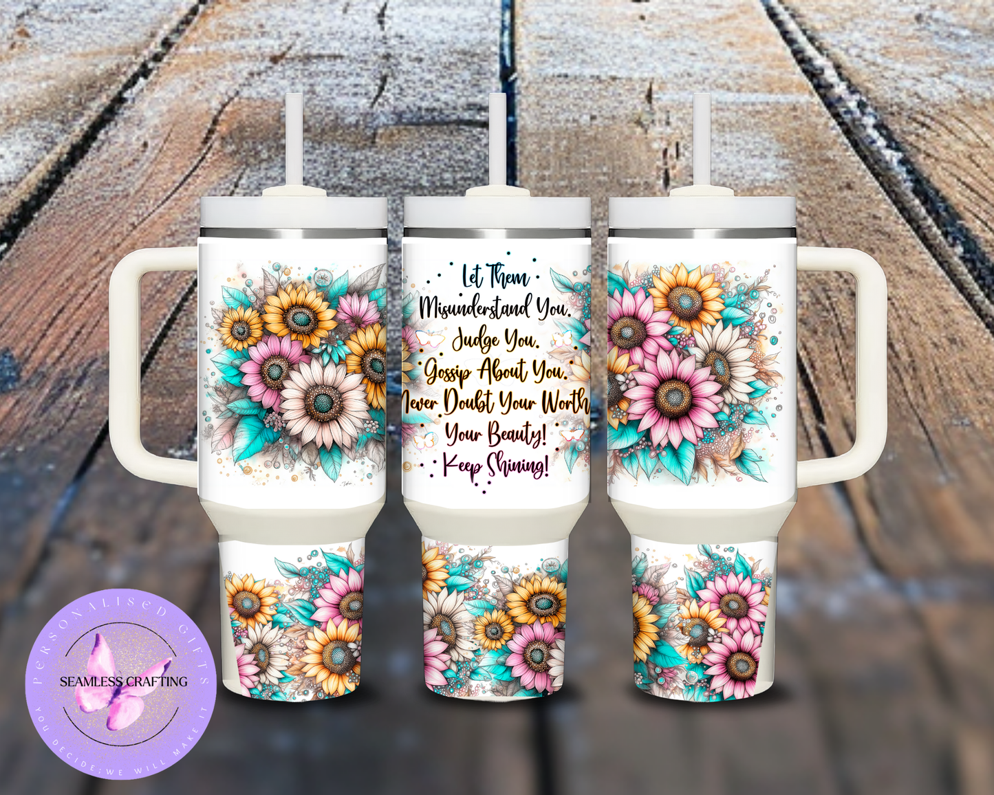 Personalised 40oz Sunflower Positivity Tumbler with Name – Inspirational Quote Mug with Handle & Straw