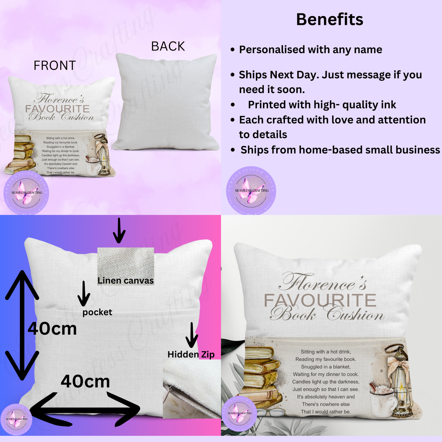 Personalised Reading Cushion with Pocket – Custom Name Linen Book Cushion Gift for Book Lovers, Readers & Bookworms – 40x40cm Handmade Cushion Cover