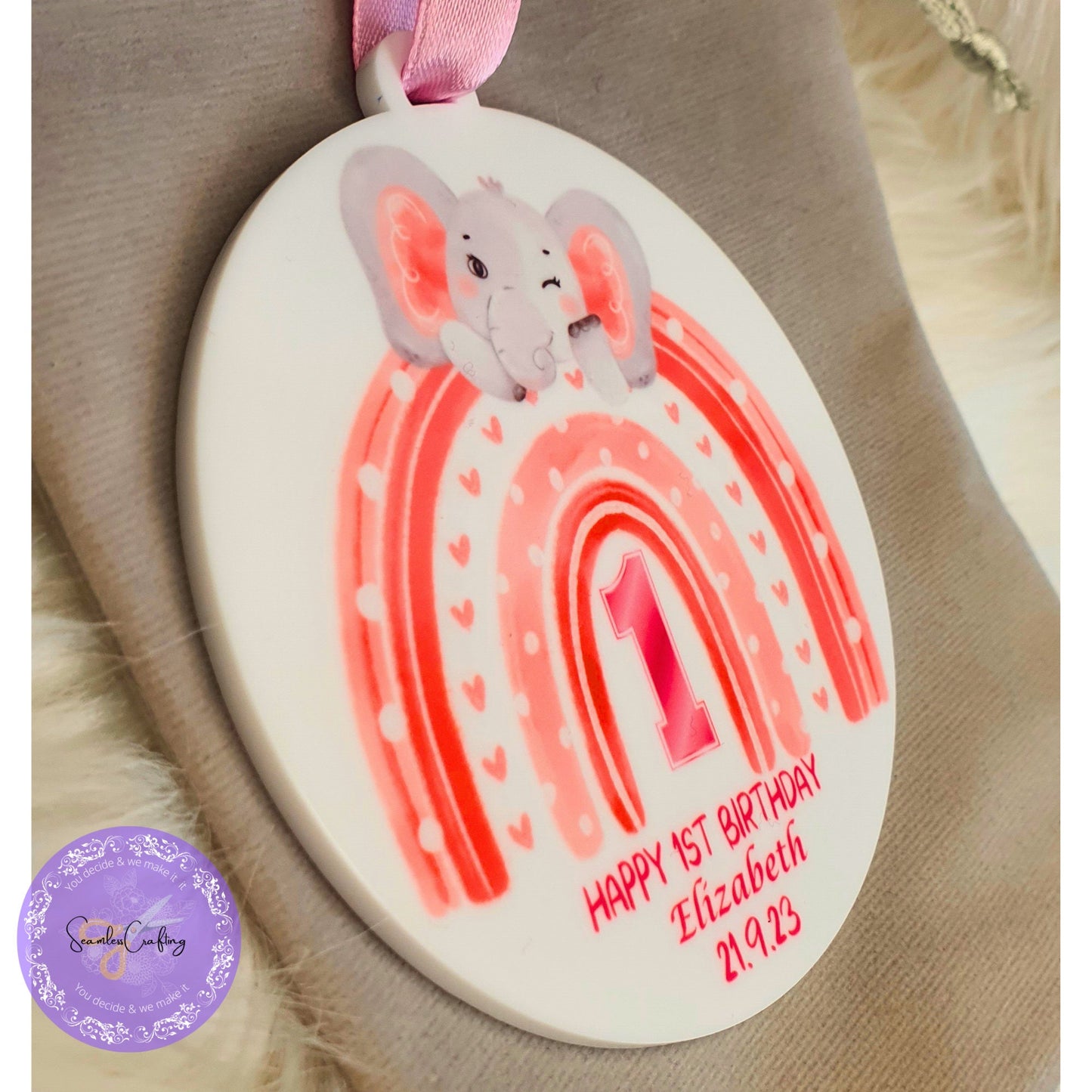 Personalised 1st Birthday plaque, Cute elephant birthday ornament, Keepsake plaque for boy or girl, Acrylic birthday ornament gift with bag