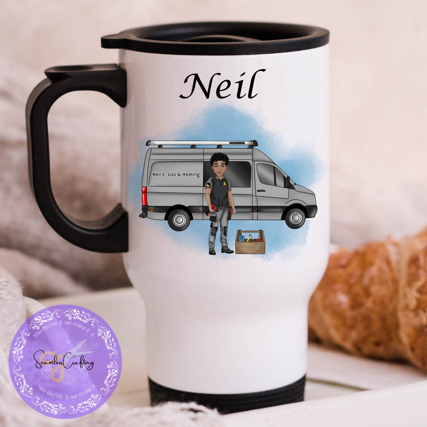 Personalised Gas Engineer travel mug, Gas Heating Male Character gift, Thank you gift for boiler workman, Boilermaker mug Gif, Gifts for him