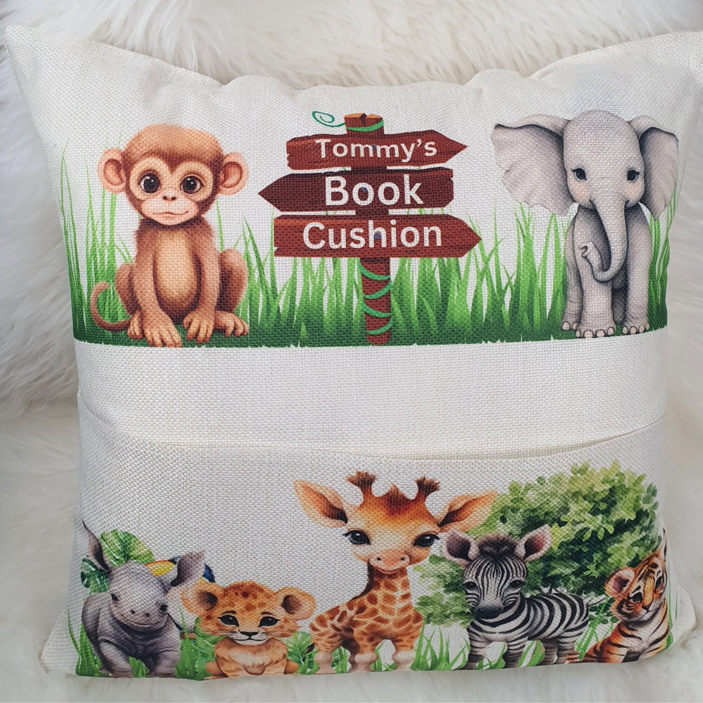 Personalised Safari Jungle Book Cushion, Animal Zoo Pillow, Pocketbook cushion Lion, Wild Animals book holder Gift, Zebra, Monkey, Elephant