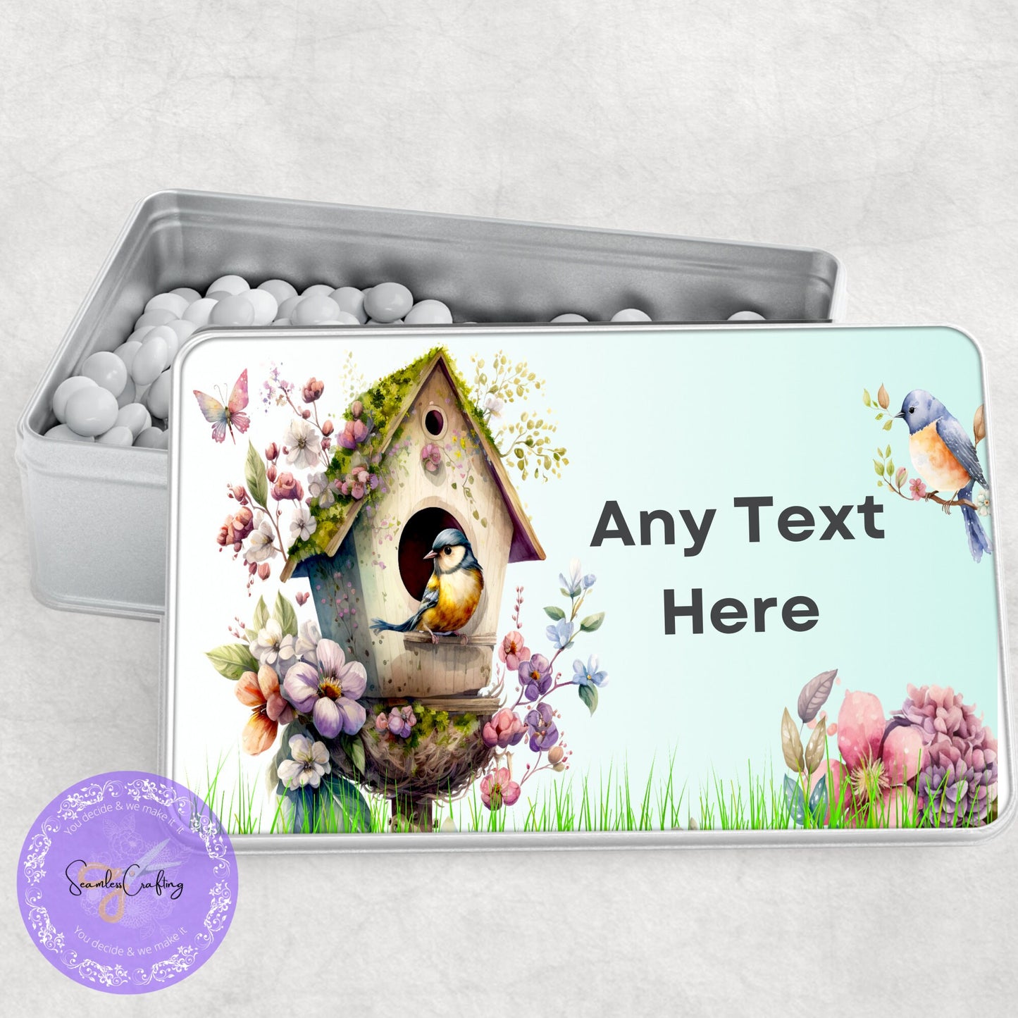 Personalised Bird Seed Tin, Novelty Metal Tin, add any text, Seed Storage, Gift for Her, him, Gardening Gift, Aluminium Tin, Bird Lover Gift