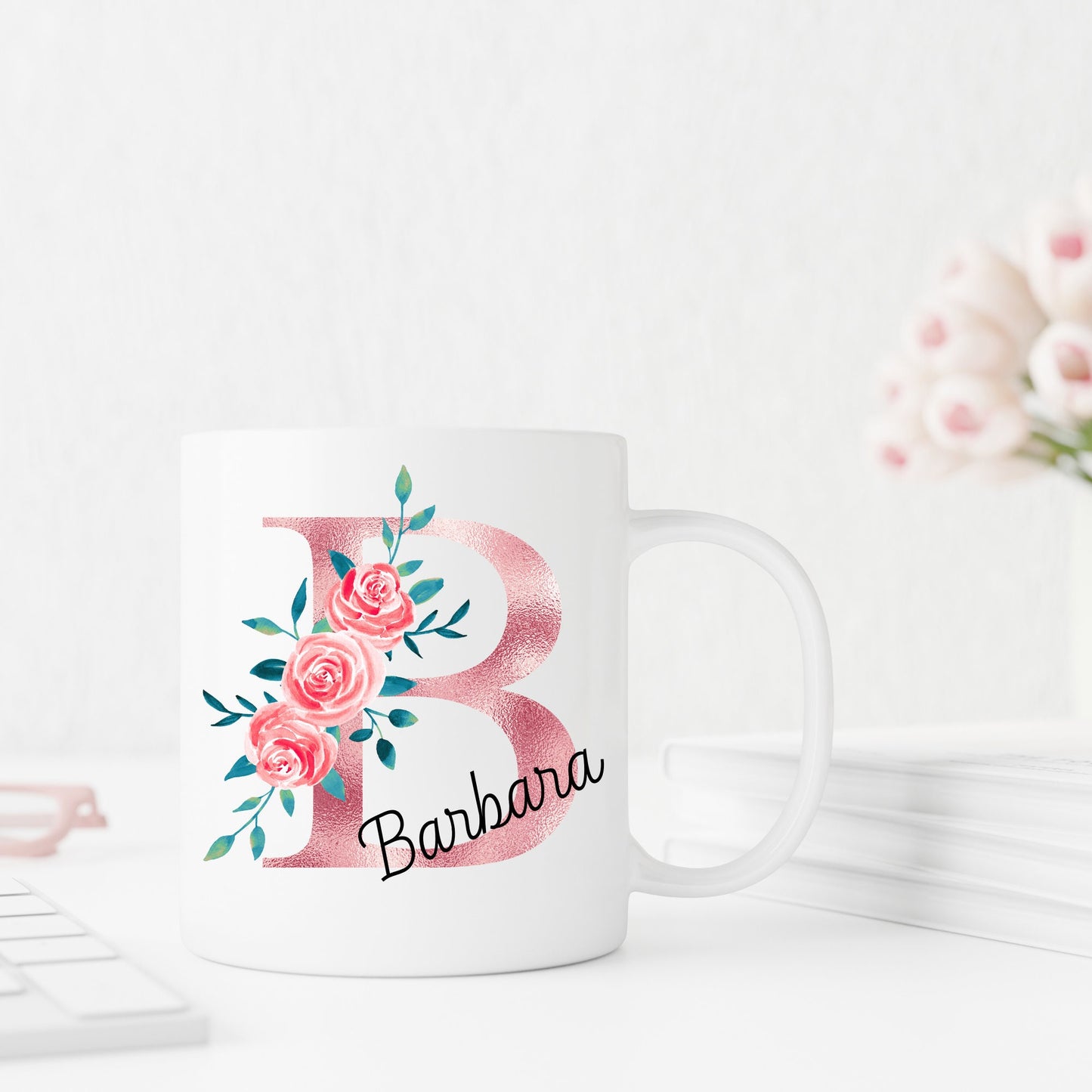 Personalised Rose Gold Floral Initial Gift Mug, Gift For Her, Custom Initial Mug, Birthday Gift Mug, Elegant Bridesmaid, wedding, Coworkers