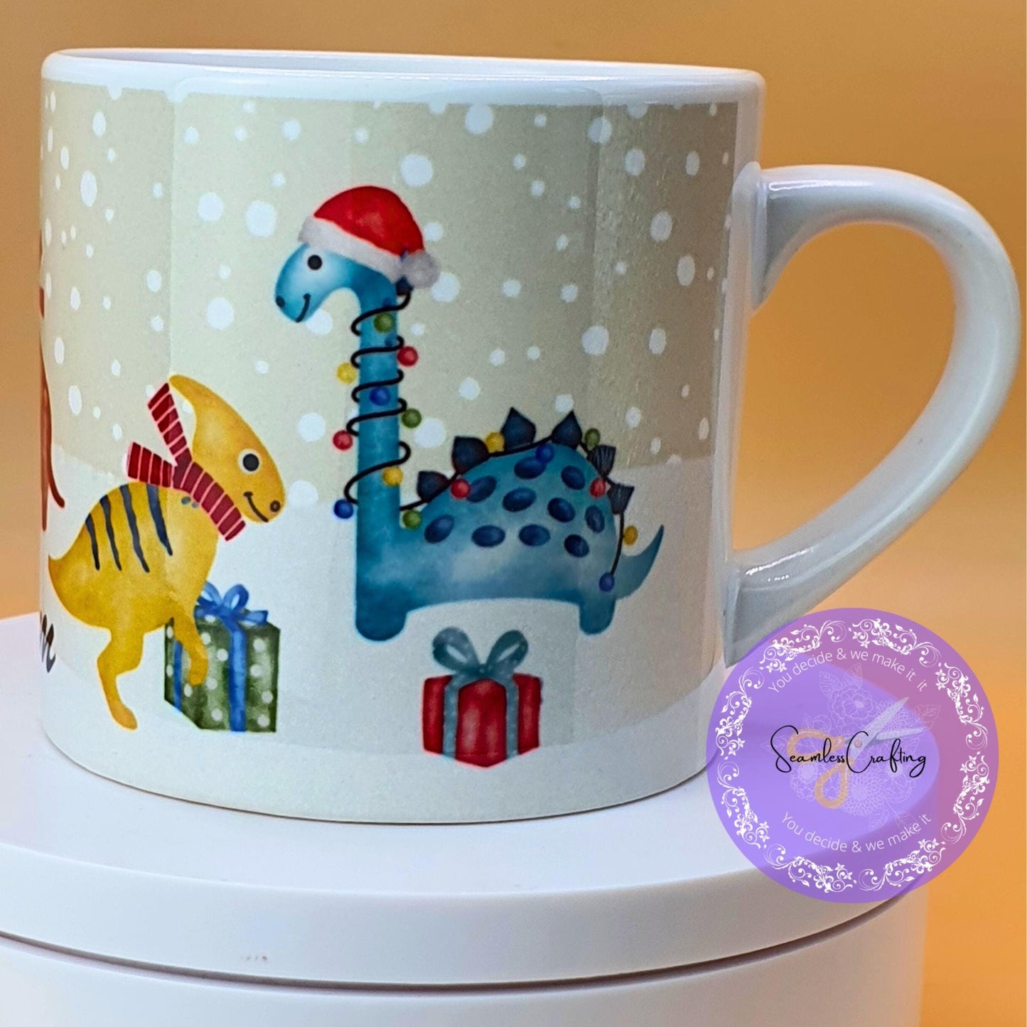 Personalised Christmas Dinosaur, Unicorn children's mugs, 6oz ceramic, 12 enamel cups, movie night, Stock fillers. Add any name