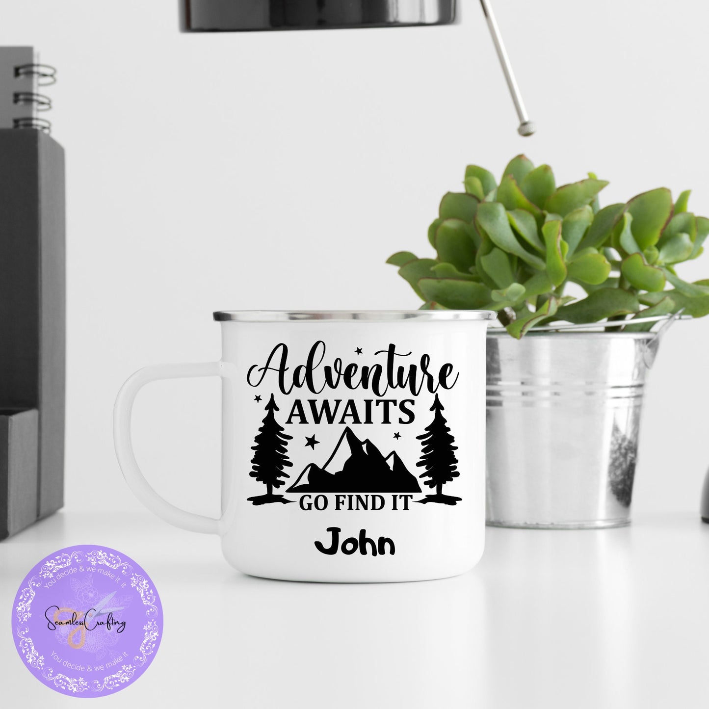Personlised Adventure Awaits Enamel Mug, Enamel Camping Mug, Campass Camping Mug, Family Camping Gift, Gift For Campervan Lover, Campinglife